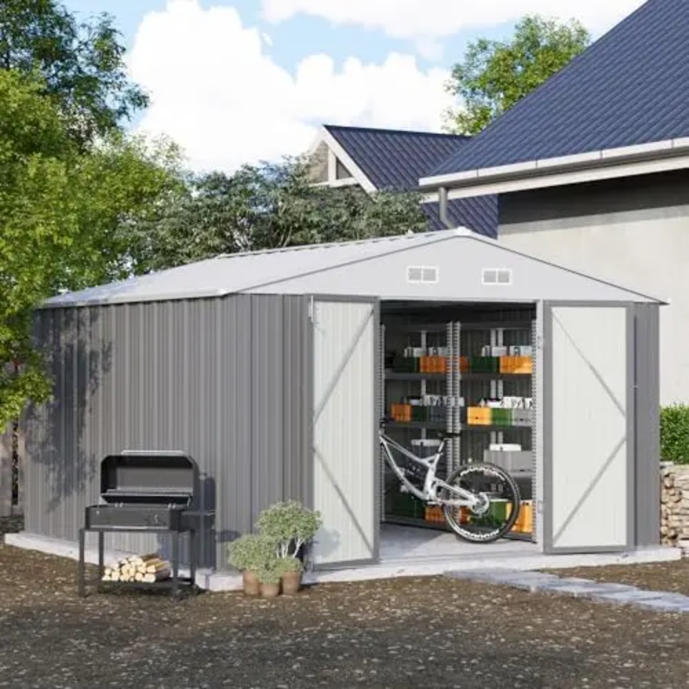 Gardening Tool - 10x10 FT Metal Storage Shed, Brown